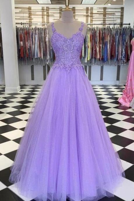 A Line Floor Length Purple Lace Prom Dresses
