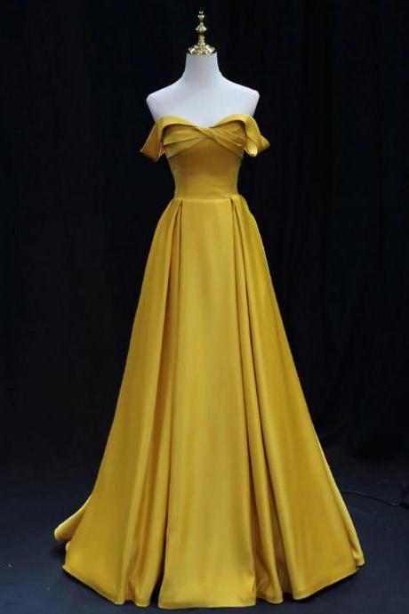 Off Shoulder Yellow Satin Long Prom Dresses