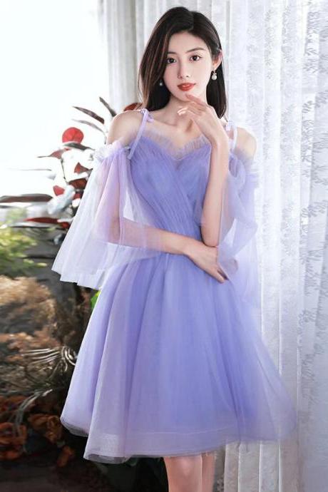 A-line Purple V Neck Tulle Short Homecoming Dresses