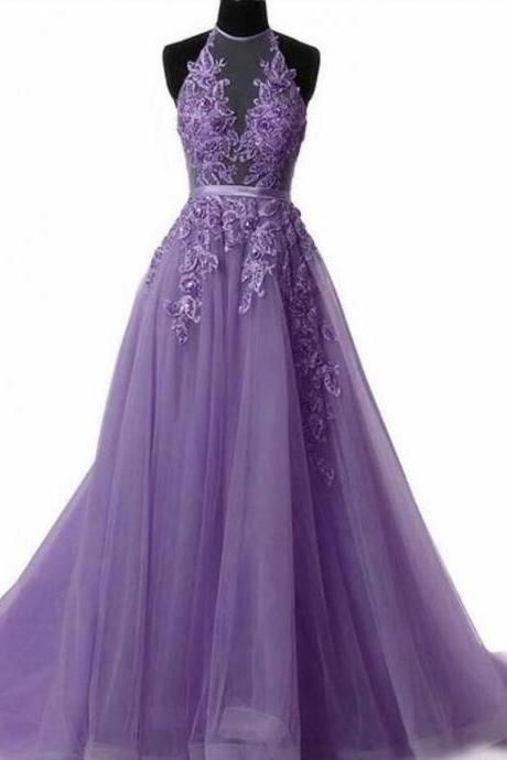 Beauty Halter Neck Light Purple Prom Dresses