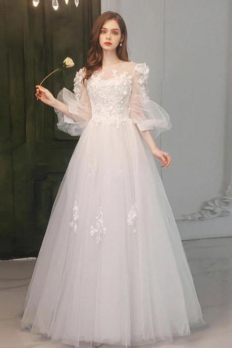 A-line Round Neck White Tulle Lace Long Prom Dresses