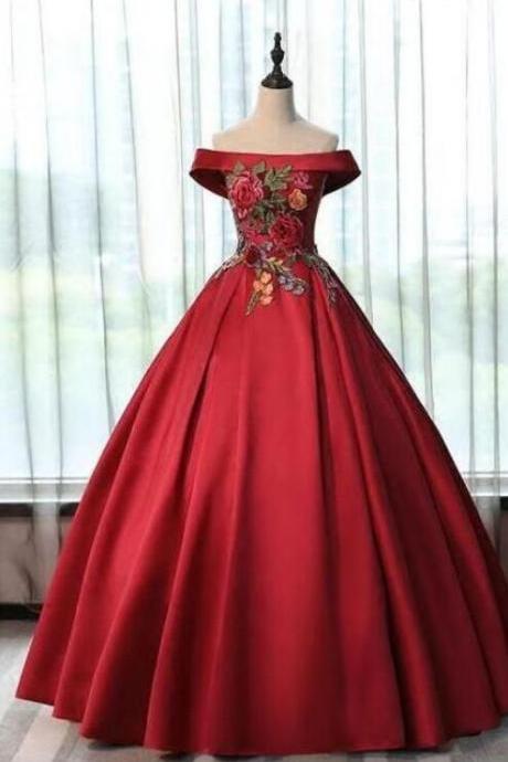 Off Shoulder Ball Gown Stain Wine Red Long Party Dresses