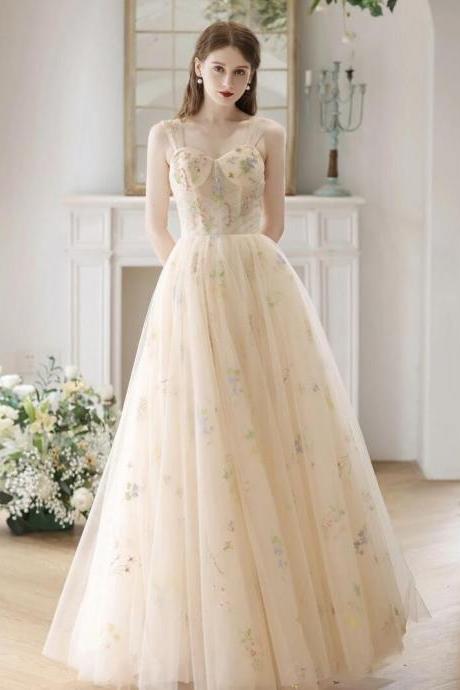 A-line Sweetheart Tulle Champagne Long Prom Dresses
