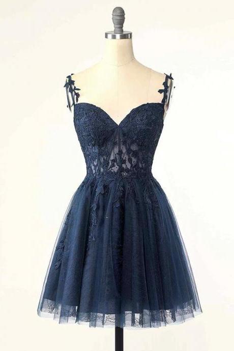 A-line Tulle Lace Blue Homecoming Dresses