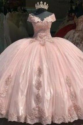 Ball Gown Off Shoulder Pink Quinceanera Dresses Lace Appliques