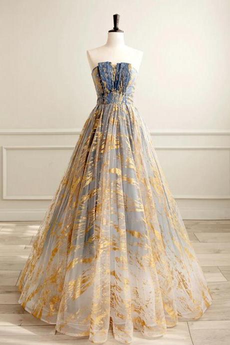A-line Tulle Gold/blue Long Prom Dresses
