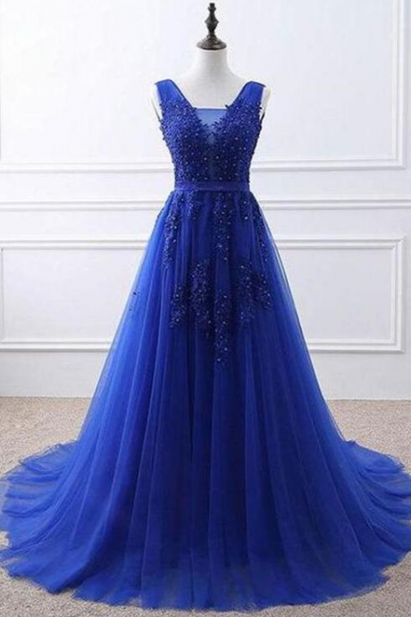 Mermaid Royal Blue Tulle Lace Prom Dresses