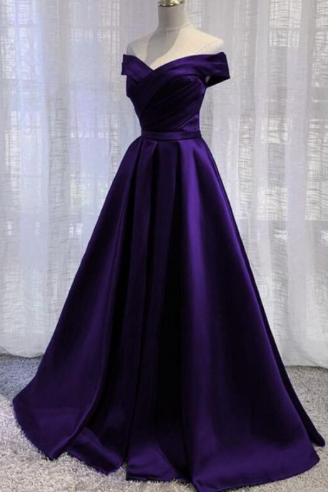 Off Shoulder A Line Dark Purple Satin Long Prom Dress