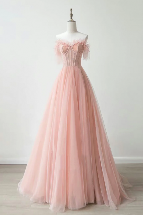 A-line Sweetheart Neck Tulle Pink Long Prom Dress