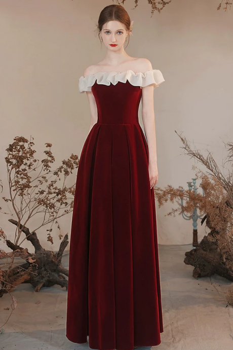 Off Shoulder Velvet A-line Burgundy Long Prom Dress,formal Dress