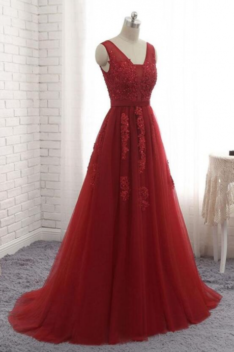 Mermaid Burgundy V Neck Tulle Prom Dress With Lace Applique
