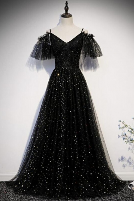 A Line Black Tulle Prom Dress Formal Dress