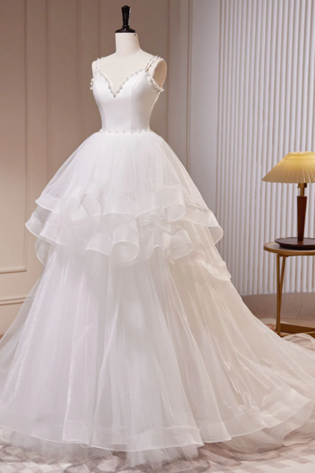 A-line White Tulle Long Prom Dresses