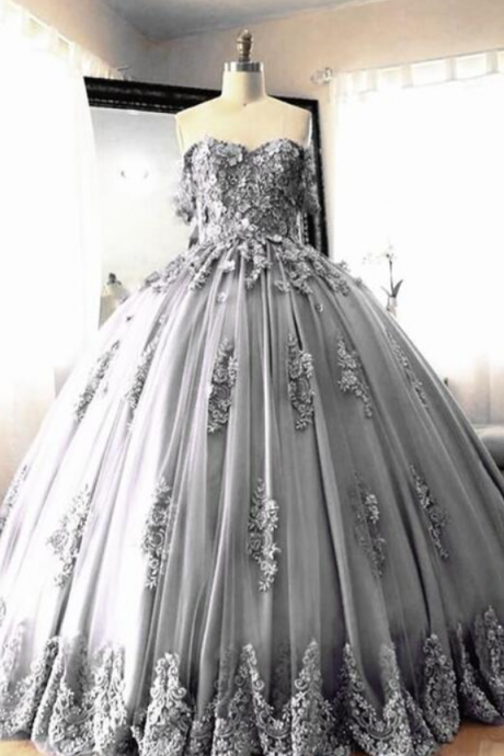 Charming Off Shoulder Silver Ball Gown Lace Prom Dresses