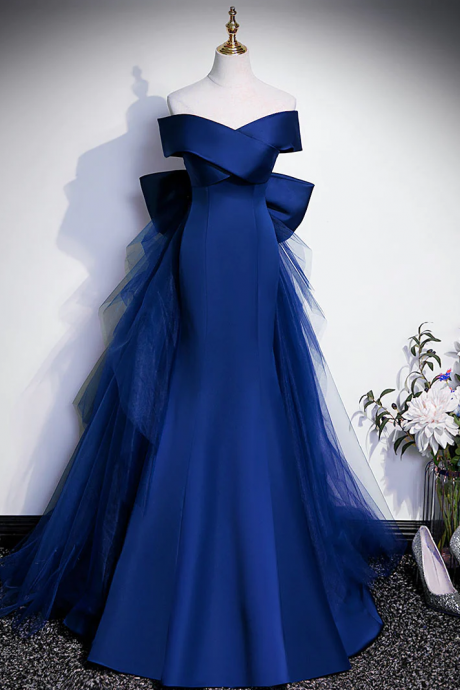 Mermaid Royal Blue Satin Long Prom Dress, Off Shoulder Blue Evening Dress
