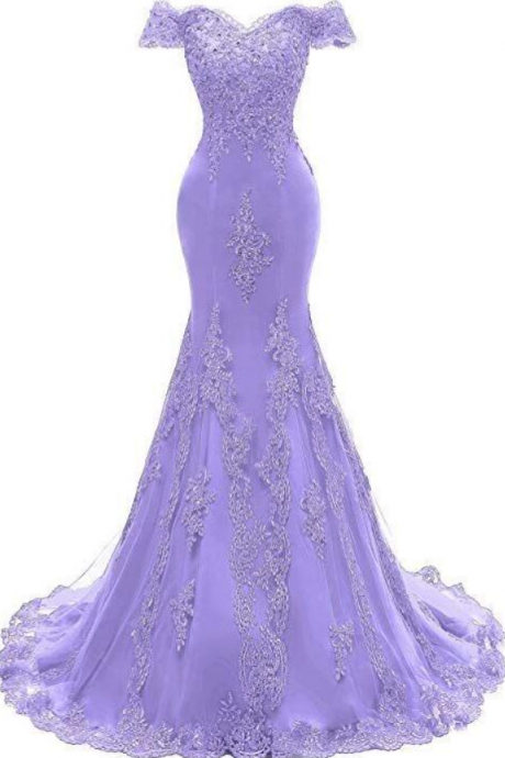 Off The Shoulder Purple Long Prom Dress With Lace