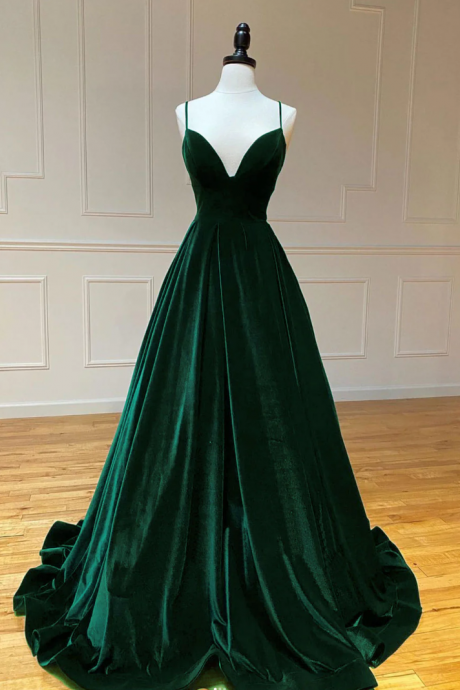 A-line Mermaid V Neck Green Velvet Long Prom Dresses