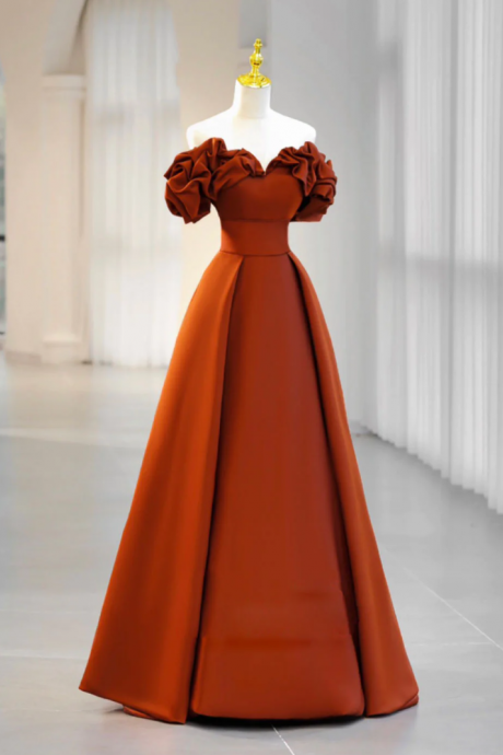 A-line Off Shoulder Satin Orange Long Prom Dresses