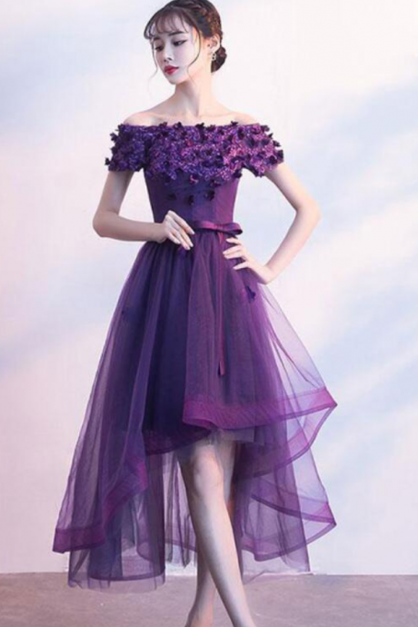 High Low Tulle Purple Short Prom Dress With Lace