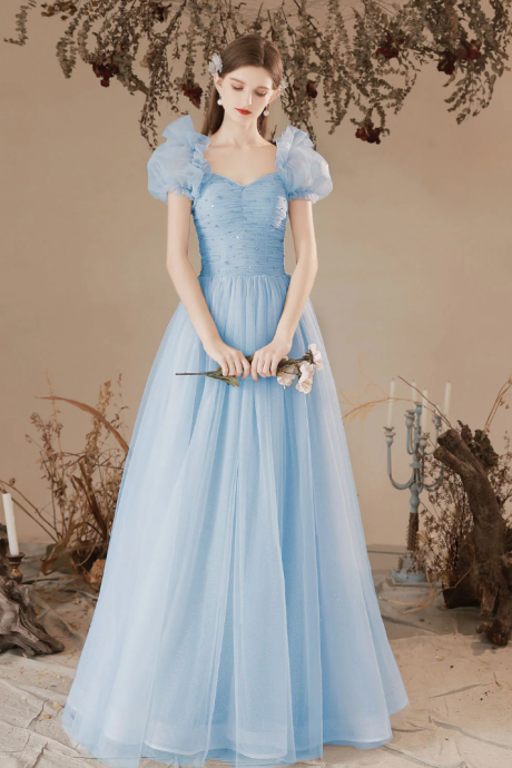 A-line Blue Tulle Long Prom Dress, Graduation Dresses