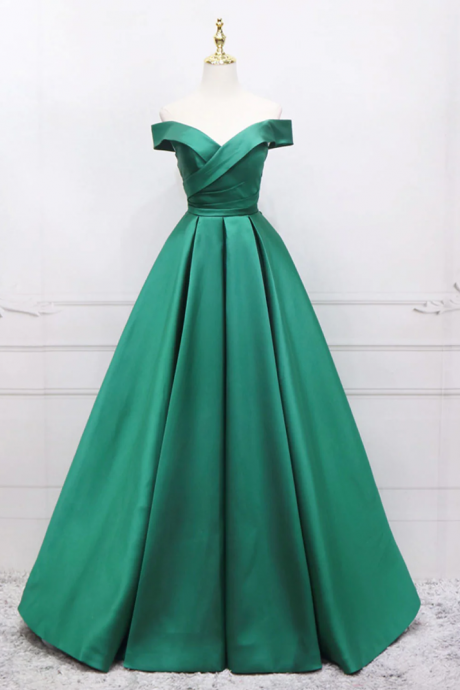 Simple Off Shoulder A-line Green Satin Long Prom Dresses