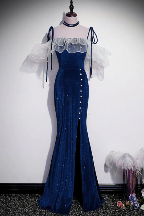 Charming Dark Blue Velvet Long Prom Dresses, Evening Dress