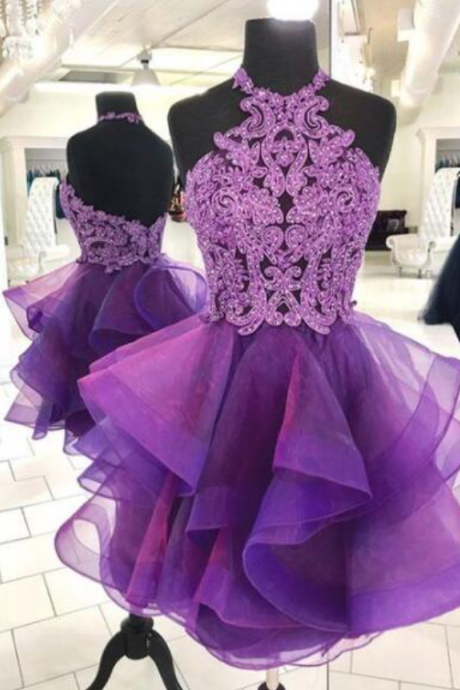 Halter Purple Tulle Short Prom Dress With Lace