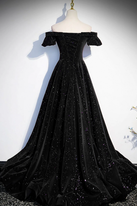 Off Shoulder A-line Velvet Black Prom Dresses