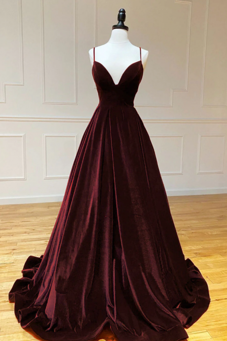 A-line Straps V Neck Wine Red Velvet Long Prom Dresses