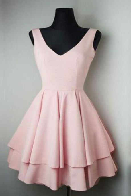 Simple V Neck Pink Stain Short Prom Dresses