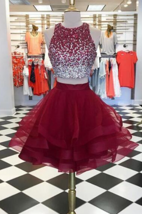 Sexy Two Pieces Sequin Tulle Short Prom Dresses