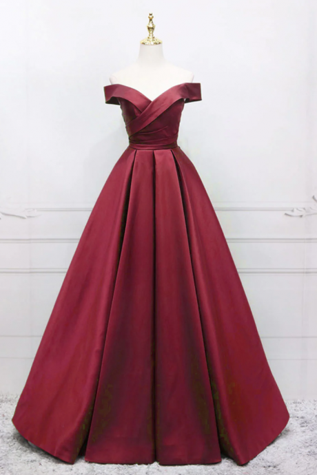 A-line Off Shoulder Wine Red Satin Prom Gowns