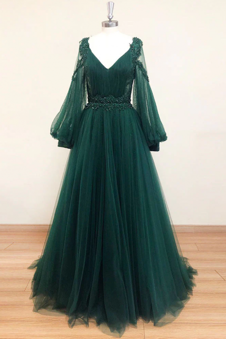 Simple A-line V Neck Tulle Lace Green Prom Dresses