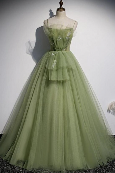 A Line Straps Green Tulle Long Prom Dress Formal Dress