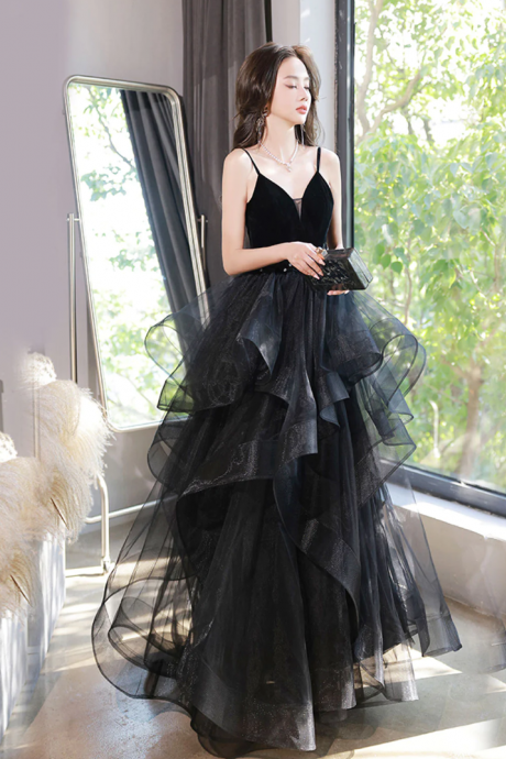 A Line Black Tulle Long Prom Dresses, Formal Evening Dress