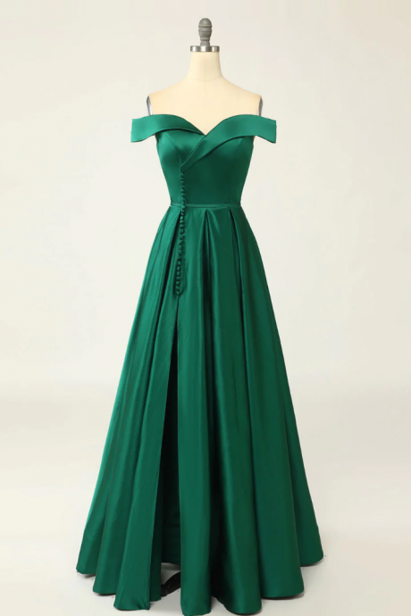 A-line Green Off Shoulder Long Prom Dresses