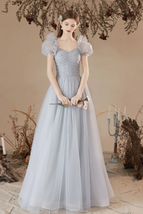 A-line Grey Tulle Long Prom Dresses