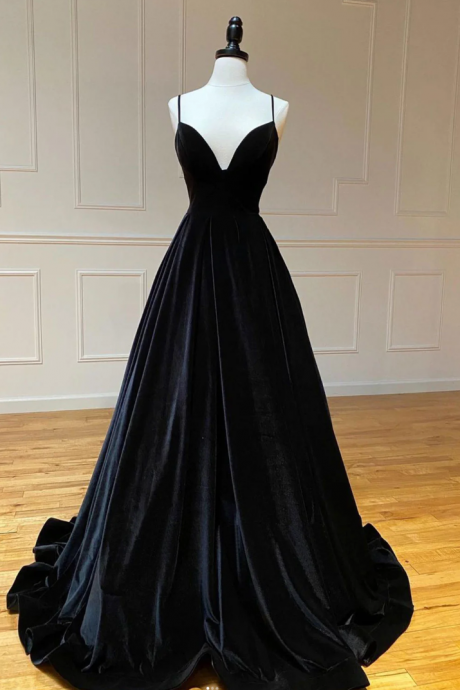 A Line Black Velvet Long Prom Dress With Lace Up