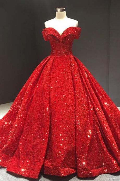 Princess Off Shoulder Red Sequin Ball Gown Prom Dresses