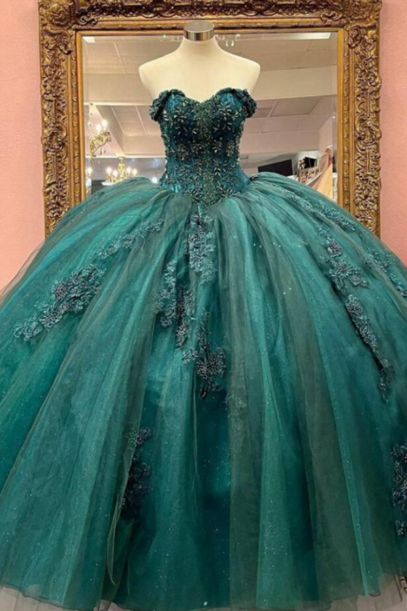 Charming Off Shoulder Green Ball Gown Prom Dress With Lace