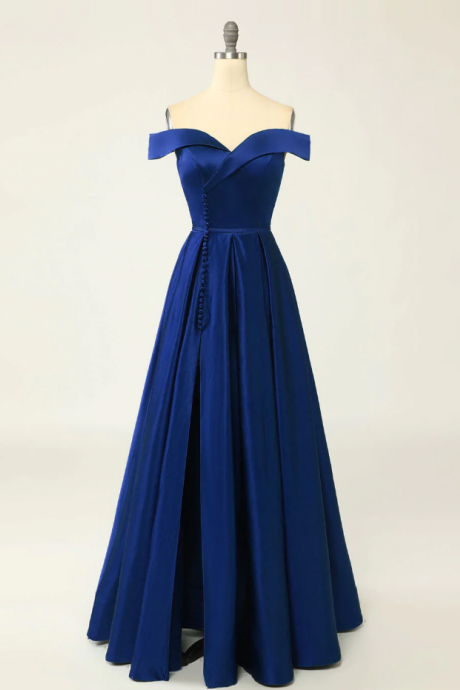 A-line Royal Blue Stain Off Shoulder Long Prom Dresses