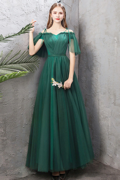 A-line Off Shoulder Green Tulle Long Prom Dresses