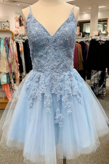 Sexy V Neck Blue Lace Appliques Short Homecoming Dresses