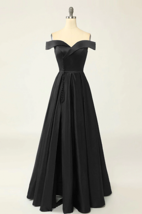 A-line Black Off Shoulder Long Stain Prom Dresses