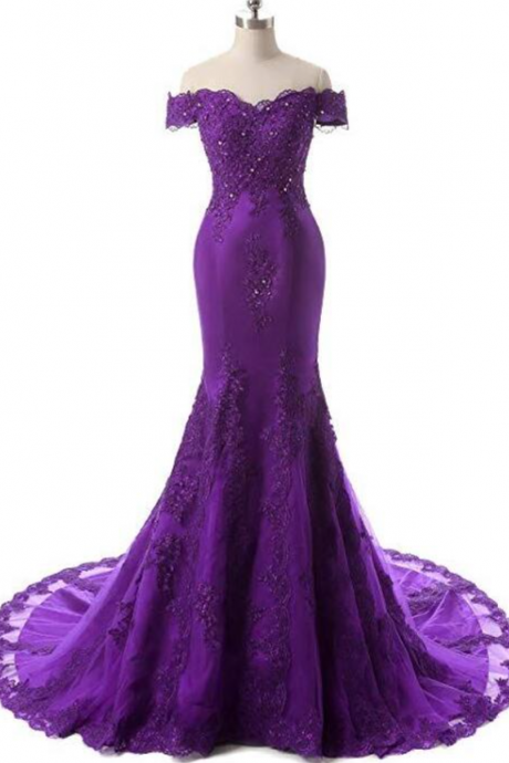 Mermaid Purple Lace Appliques Formal Prom Dresses