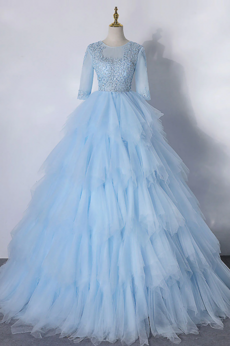 A-line Blue Tulle Lace Long Prom Dress, Formal Evening Dresses