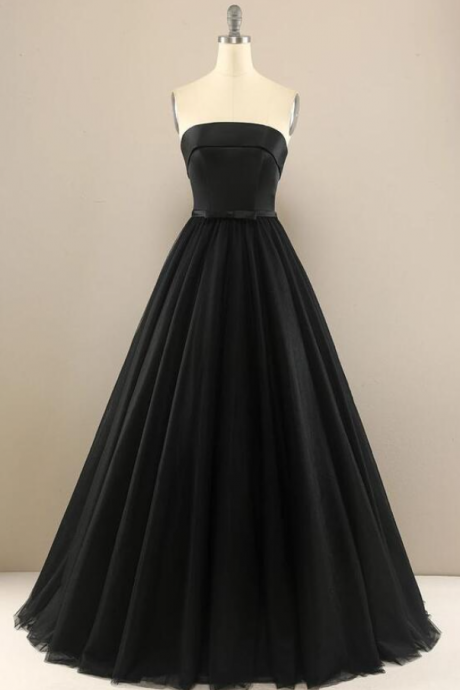 Elegant Strapless A Line Black Prom Dresses