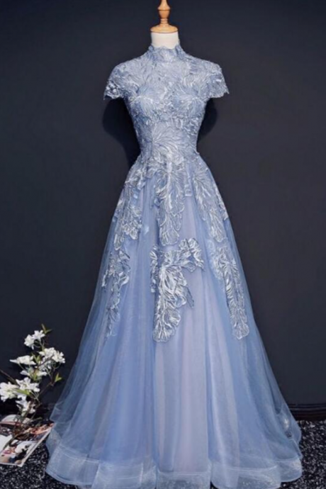 Wonderful High Neck Lace Appliqued Blue Long Prom Dress