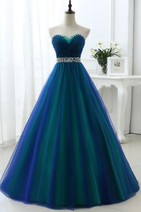 Sweetheart Crystal Blue Tulle A Line Prom Dresses Evening Dresses