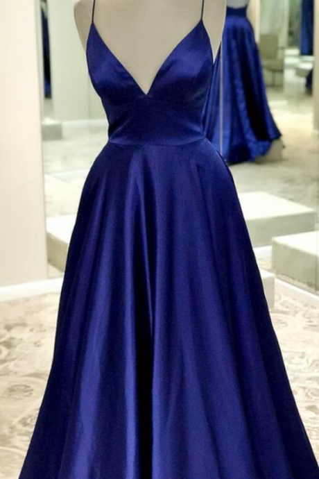 Spaghetti Straps Royal Blue A Line Long Prom Dress
